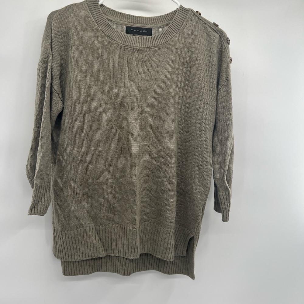 Tahari grey 100% linen top blouse knit long sleeve women’s crew neck size L